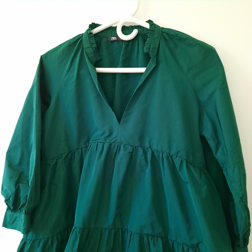 Zara Voluminous Taffeta Green Tiered Min Dress Bloggers Favorite Balloon Sleeve - Picture 7 of 16